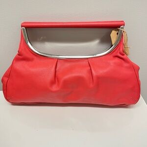 Armani Exchange Coral Red Leather Frame-Top Clutch